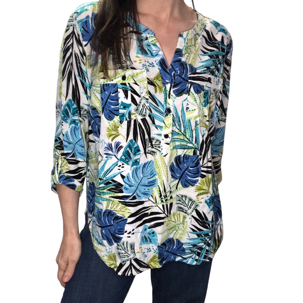Vtg Linen Blend Popover Blouse Top Xl Cathy Daniels Palm Tropical Resort Retro